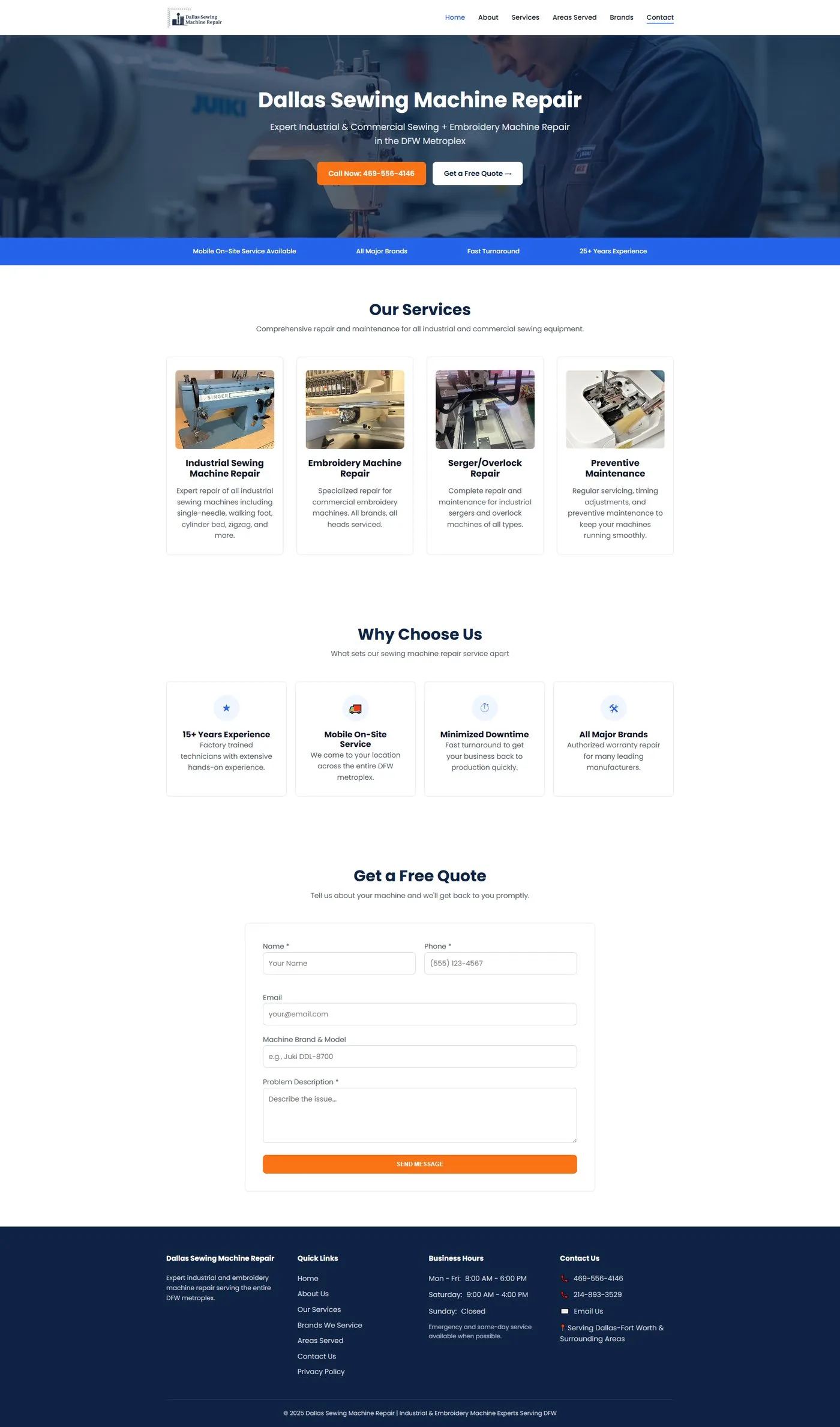 Homepage screenshot of Dallas Sewing Machine Repair
