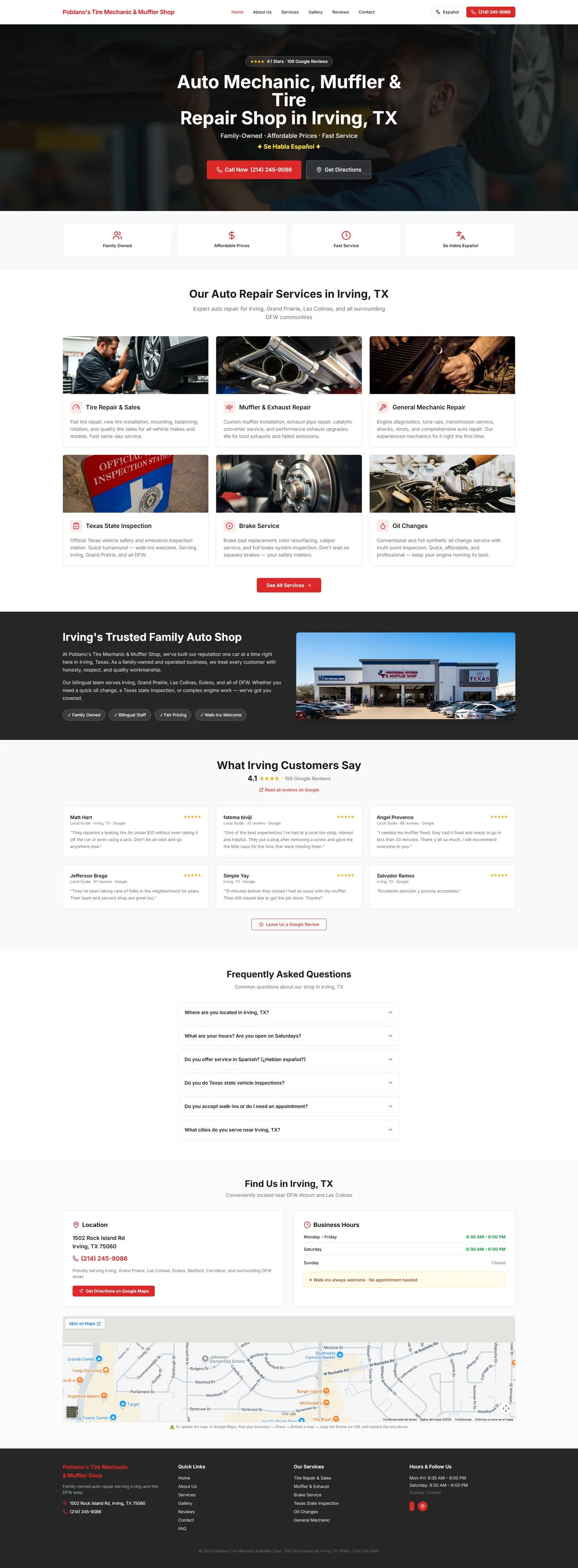 Homepage screenshot of Poblano’s Tire Mechanic & Muffler Shop